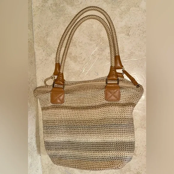 The Sak Cambria Crochet Woven Shoulder Bag Tote Sand Stripe - Picture 9 of 13